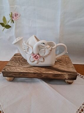(Rare) Vintage White Ceramic Swan Watering Can/planter with Pink Rose Detail